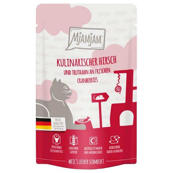 Sparpaket MjAMjAM Quetschie 24 x 125 g - kulinarischer Hirsch und Truthahn an frischen Cranberries