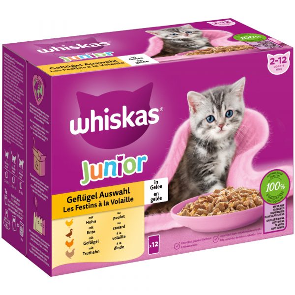 Multipack Whiskas Junior Frischebeutel 12 x 85 g - Geflügelauswahl in Gelee