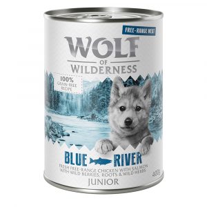 5 + 1 gratis! 6 x 400 g Wolf of Wilderness Nassnahrung - Junior Blue River - Free Range ankka & vasikka